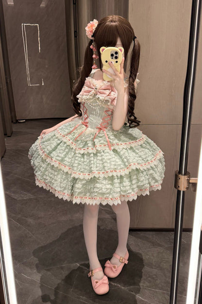 Lolita JSK Dress - Song Of Floral Letters, Green, Lace Trim, Layered, Lace-Up - additional product view 3
