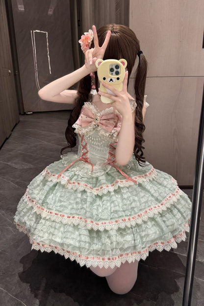 Lolita JSK Dress - Song Of Floral Letters, Green, Lace Trim, Layered, Lace-Up - additional product view 4