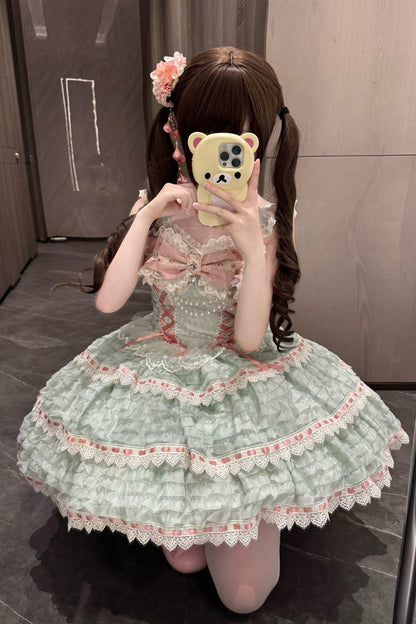 Lolita JSK Dress - Song Of Floral Letters, Green, Lace Trim, Layered, Lace-Up - additional product view 5