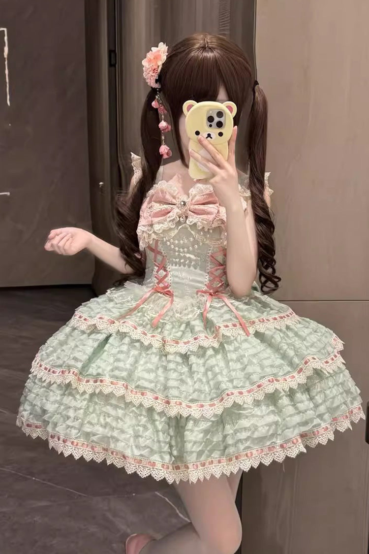 Lolita JSK Dress - Song Of Floral Letters, Green, Lace Trim, Layered, Lace-Up - main product image