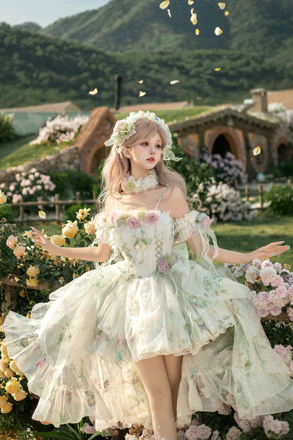 Lolita JSK Dress - Spring Rose, Green, Lace Trim, Layered, Lace-Up - additional product view 2