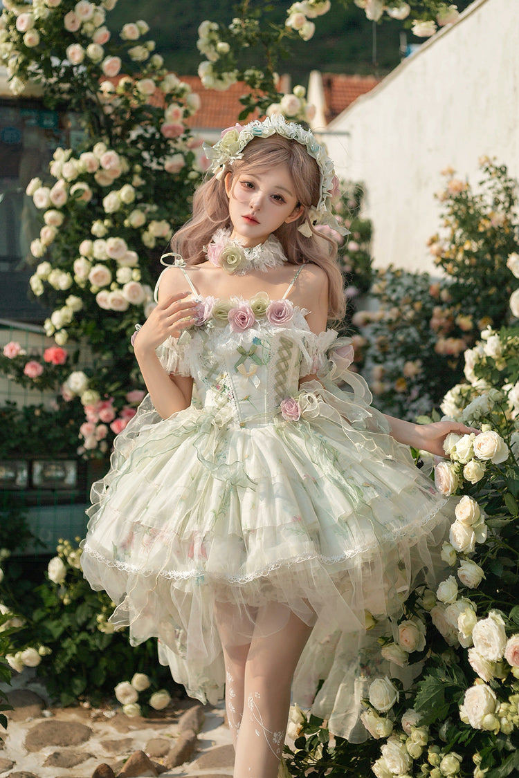 Lolita JSK Dress - Spring Rose, Green, Lace Trim, Layered, Lace-Up - additional product view 4