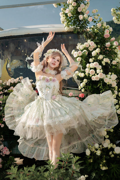 Lolita JSK Dress - Spring Rose, Green, Lace Trim, Layered, Lace-Up - additional product view 5