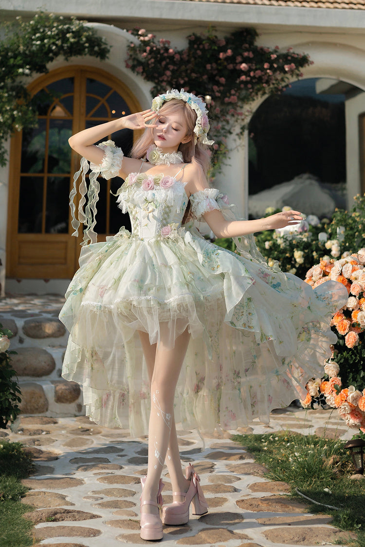 Lolita JSK Dress - Spring Rose, Green, Lace Trim, Layered, Lace-Up - additional product view 6