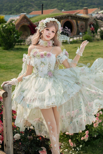 Lolita JSK Dress - Spring Rose, Green, Lace Trim, Layered, Lace-Up - additional product view 8