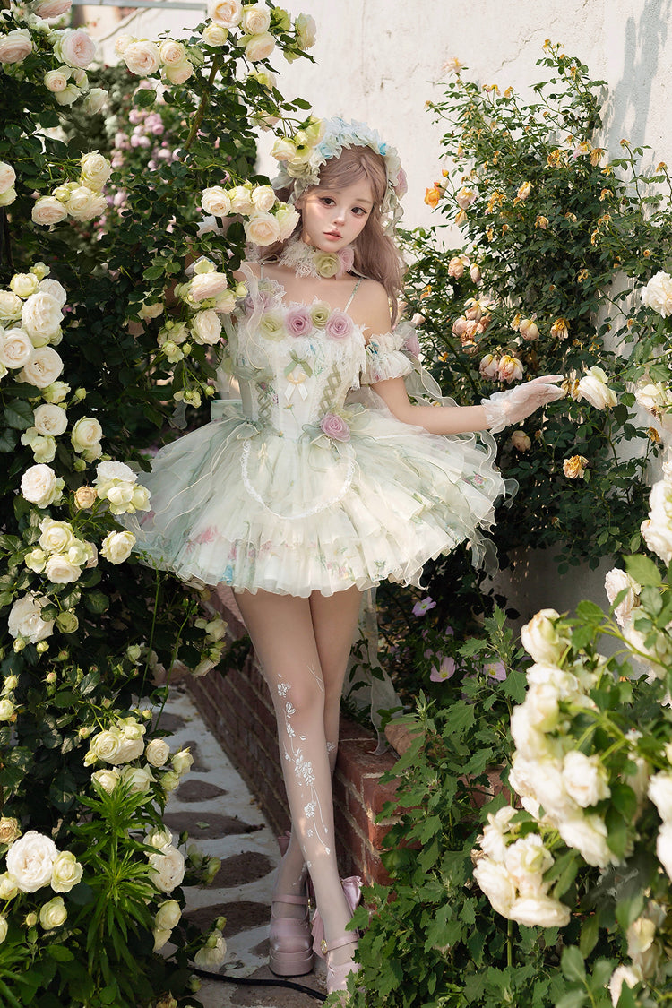 Lolita JSK Dress - Spring Rose, Green, Lace Trim, Layered, Lace-Up - additional product view 9