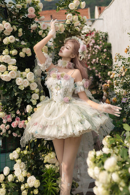 Lolita JSK Dress - Spring Rose, Green, Lace Trim, Layered, Lace-Up - additional product view 11