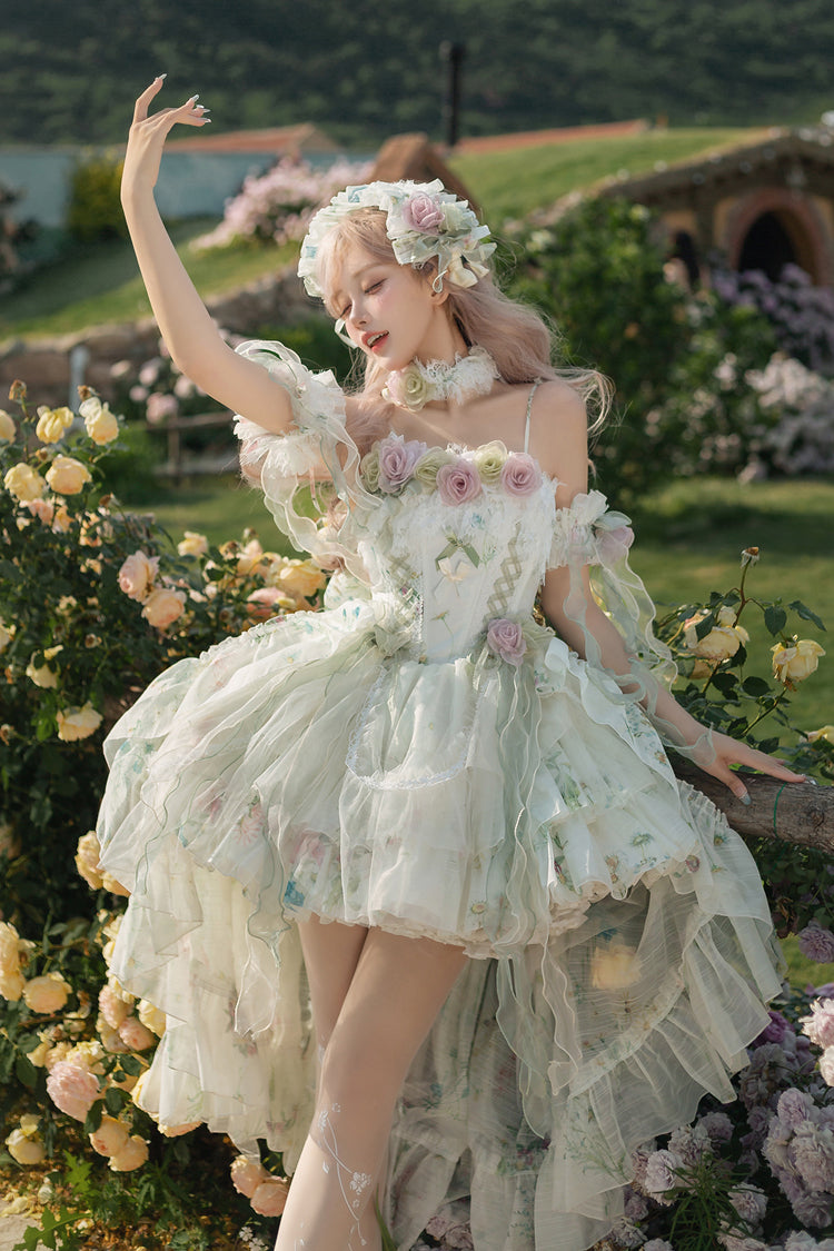 Lolita JSK Dress - Spring Rose, Green, Lace Trim, Layered, Lace-Up - additional product view 12