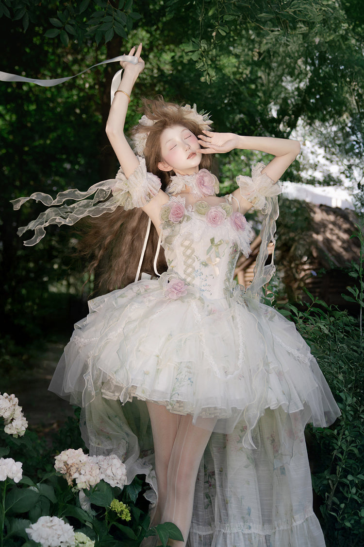 Lolita JSK Dress - Spring Rose, Green, Lace Trim, Layered, Lace-Up - additional product view 15