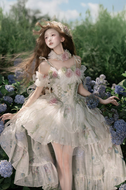 Lolita JSK Dress - Spring Rose, Green, Lace Trim, Layered, Lace-Up - additional product view 18
