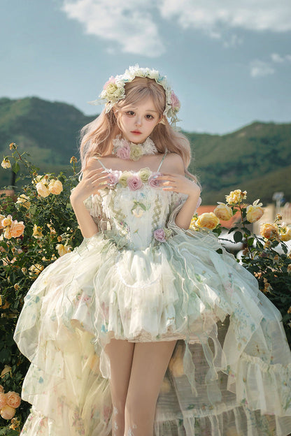 Lolita JSK Dress - Spring Rose, Green, Lace Trim, Layered, Lace-Up - main product image