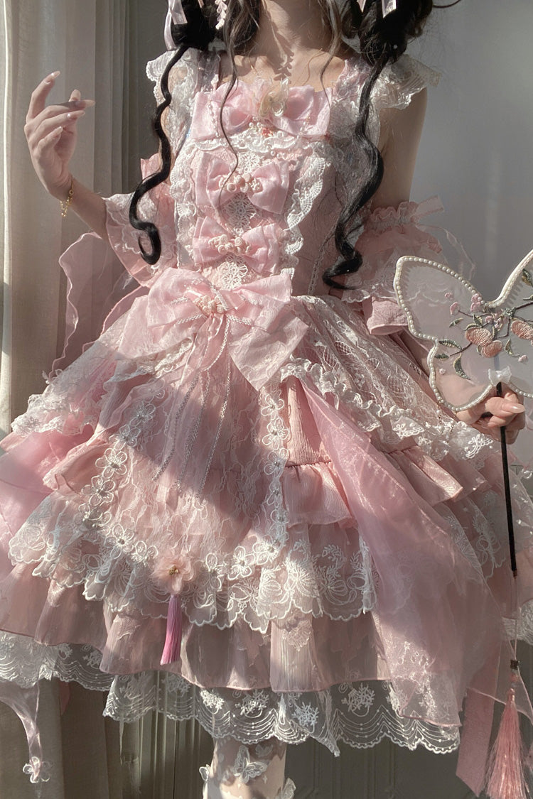 Lolita JSK Dress - Spring Waters Reflecting Pear, Pink, Bow Detail, Lace Trim, Ruffled - additional product view 2