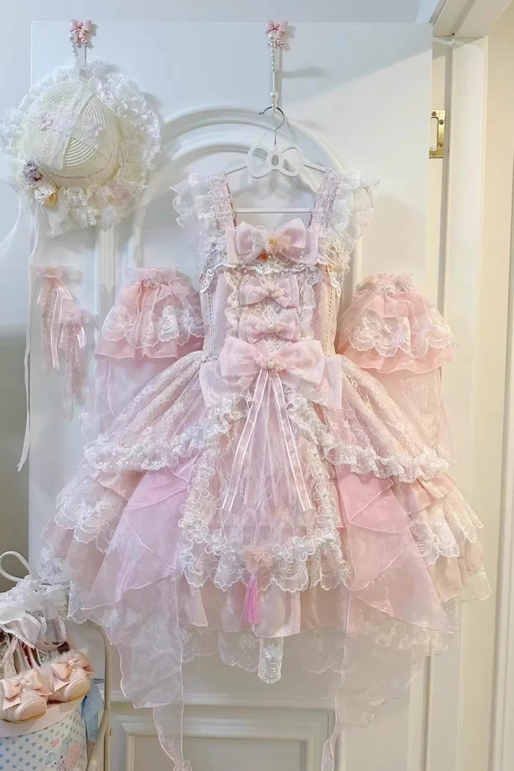 Lolita JSK Dress - Spring Waters Reflecting Pear, Pink, Bow Detail, Lace Trim, Ruffled - additional product view 3