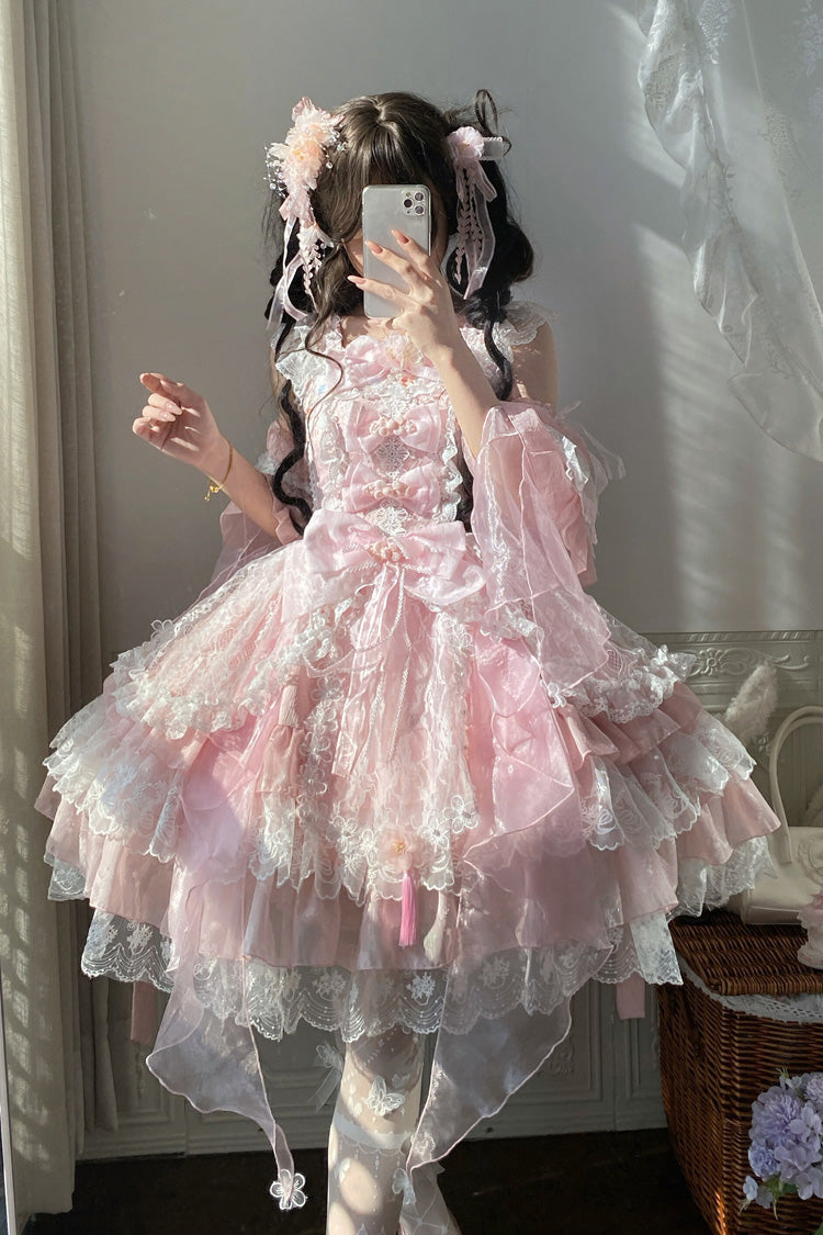 Lolita JSK Dress - Spring Waters Reflecting Pear, Pink, Bow Detail, Lace Trim, Ruffled - additional product view 4