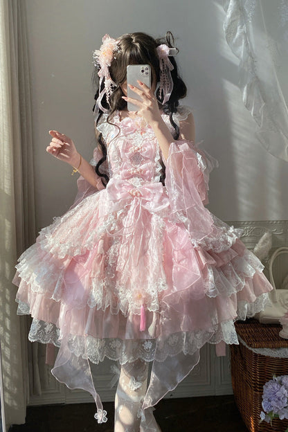 Lolita JSK Dress - Spring Waters Reflecting Pear, Pink, Bow Detail, Lace Trim, Ruffled - additional product view 4