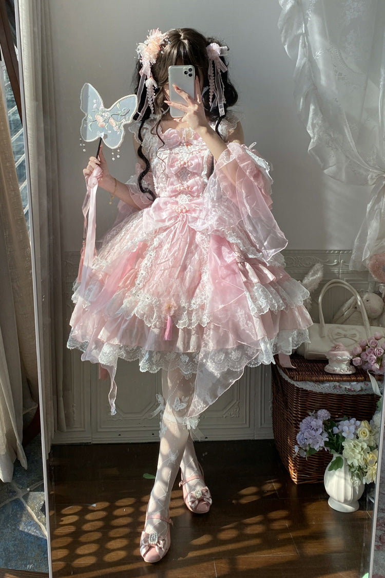 Lolita JSK Dress - Spring Waters Reflecting Pear, Pink, Bow Detail, Lace Trim, Ruffled - additional product view 5