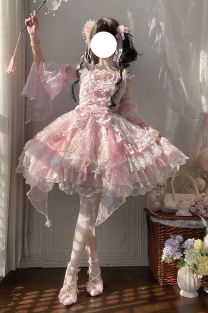 Lolita JSK Dress - Spring Waters Reflecting Pear, Pink, Bow Detail, Lace Trim, Ruffled - additional product view 6