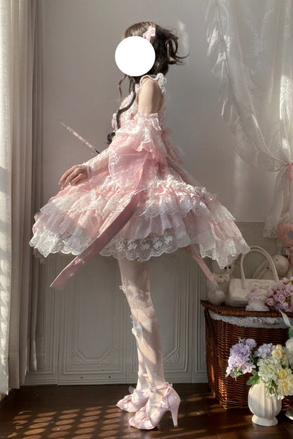 Lolita JSK Dress - Spring Waters Reflecting Pear, Pink, Bow Detail, Lace Trim, Ruffled - additional product view 7