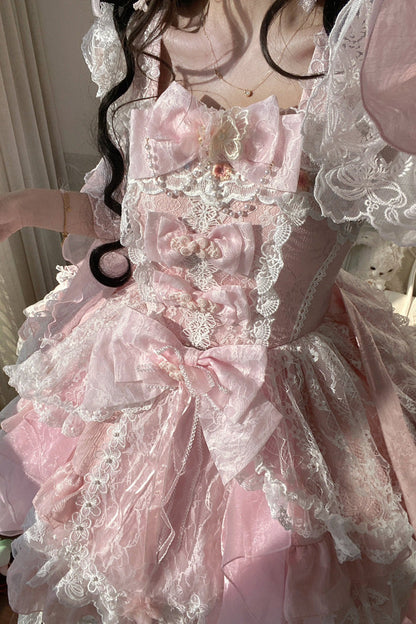 Lolita JSK Dress - Spring Waters Reflecting Pear, Pink, Bow Detail, Lace Trim, Ruffled - additional product view 9