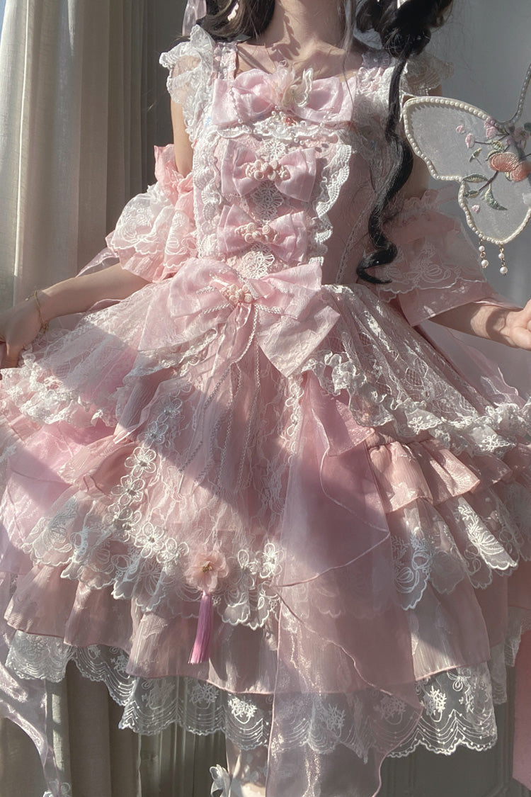 Lolita JSK Dress - Spring Waters Reflecting Pear, Pink, Bow Detail, Lace Trim, Ruffled - additional product view 10
