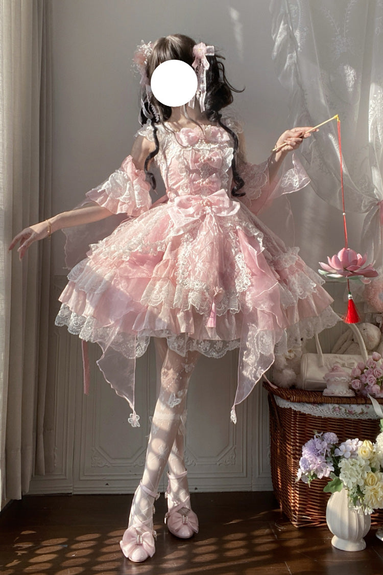 Lolita JSK Dress - Spring Waters Reflecting Pear, Pink, Bow Detail, Lace Trim, Ruffled - main product image