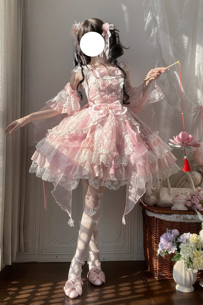 Lolita JSK Dress - Spring Waters Reflecting Pear, Pink, Bow Detail, Lace Trim, Ruffled - main product image