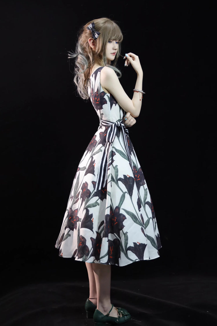 Lolita JSK Dress - Square Collar Lily Printed, 2 Colors, Square Collar, Gothic Style - additional product view 2
