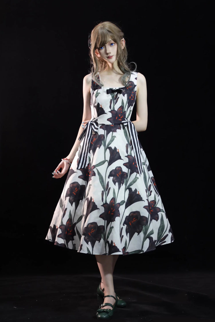 Lolita JSK Dress - Square Collar Lily Printed, 2 Colors, Square Collar, Gothic Style - additional product view 3