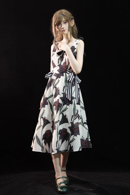 Lolita JSK Dress - Square Collar Lily Printed, 2 Colors, Square Collar, Gothic Style - additional product view 4
