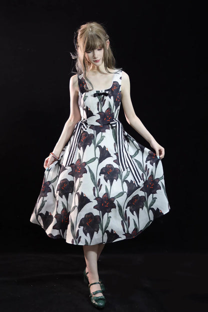 Lolita JSK Dress - Square Collar Lily Printed, 2 Colors, Square Collar, Gothic Style - main product image