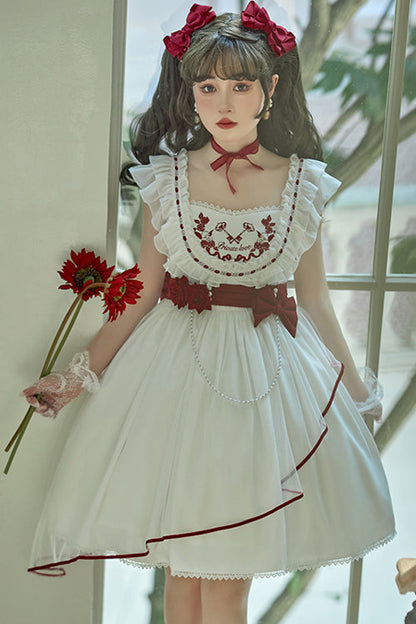 Lolita JSK Dress - Square Collar Ruffled Strap, White, Square Collar, Bow Detail - additional product view 2