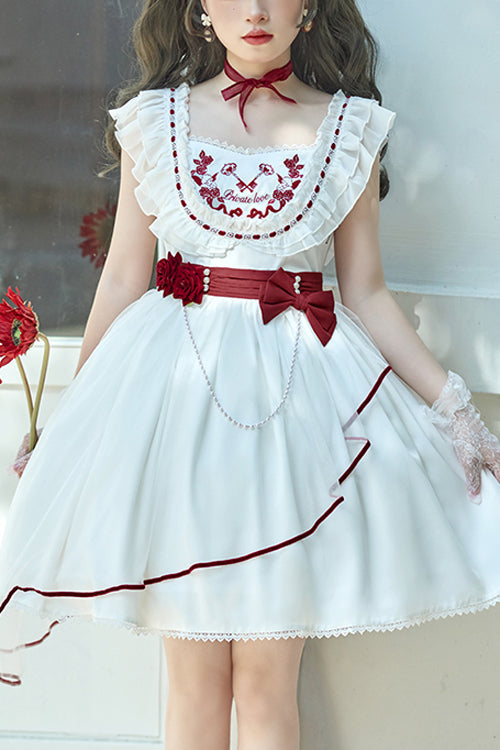 Lolita JSK Dress - Square Collar Ruffled Strap, White, Square Collar, Bow Detail - main product image