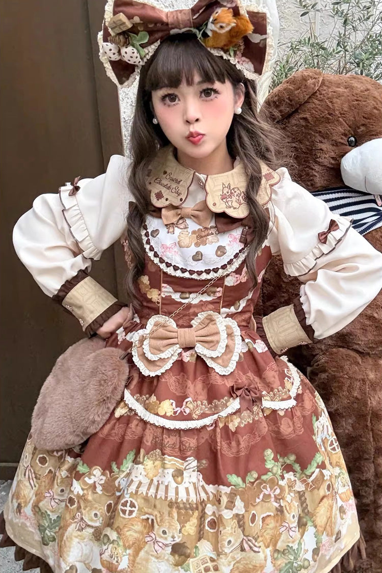 Lolita JSK Dress - Squirrel Chocolate Shop, Brown, Ruffled, Printed, Sweet Style - additional product view 2