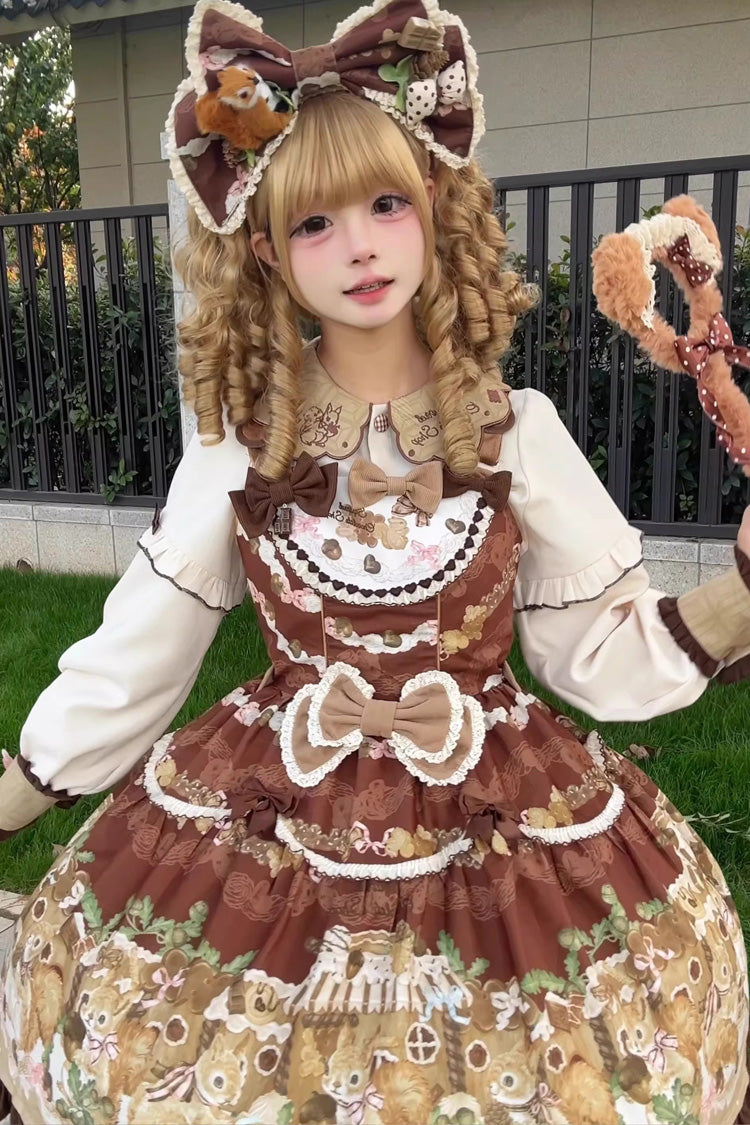 Lolita JSK Dress - Squirrel Chocolate Shop, Brown, Ruffled, Printed, Sweet Style - additional product view 3