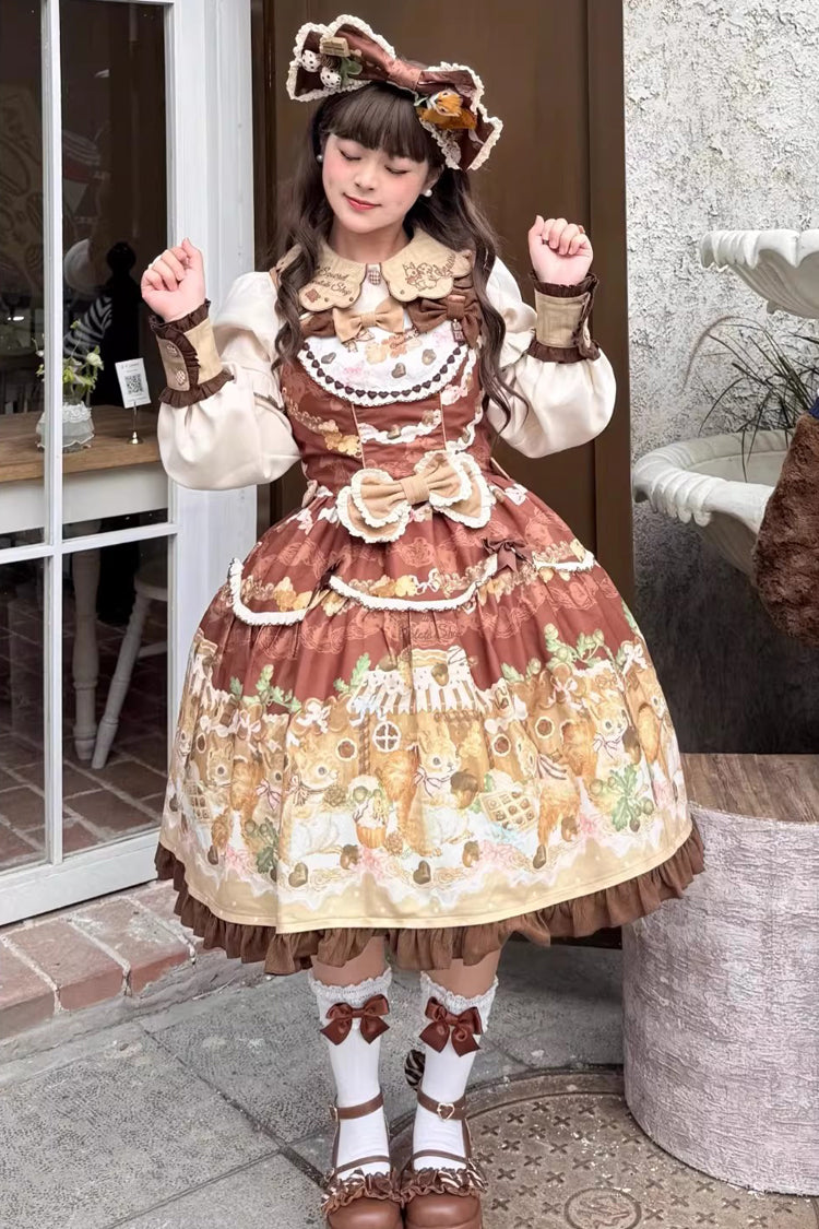 Lolita JSK Dress - Squirrel Chocolate Shop, Brown, Ruffled, Printed, Sweet Style - additional product view 4