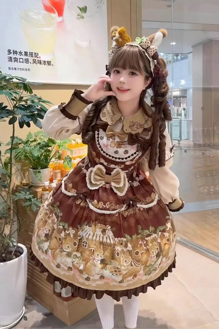 Lolita JSK Dress - Squirrel Chocolate Shop, Brown, Ruffled, Printed, Sweet Style - additional product view 5