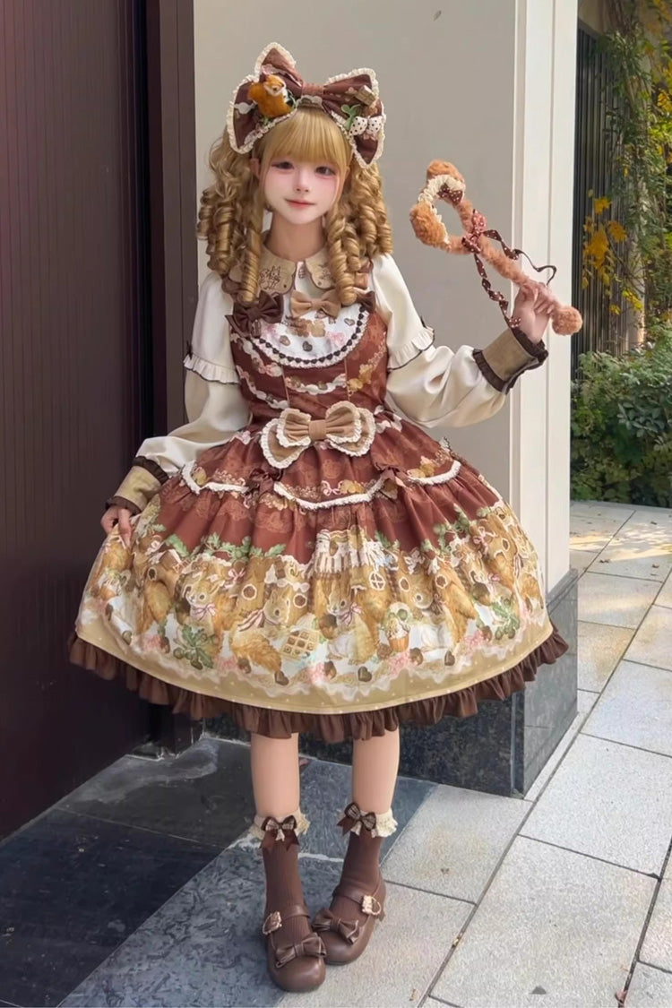 Lolita JSK Dress - Squirrel Chocolate Shop, Brown, Ruffled, Printed, Sweet Style - main product image
