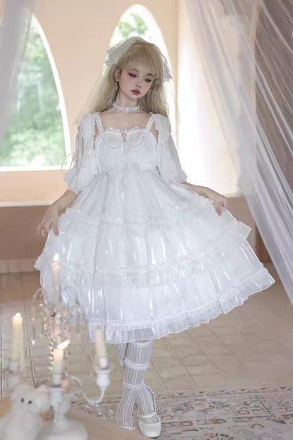 Lolita JSK Dress - Star Gauze Romance Multi-layer, White, Sweet Style, Bow Detail, Ruffled - additional product view 2