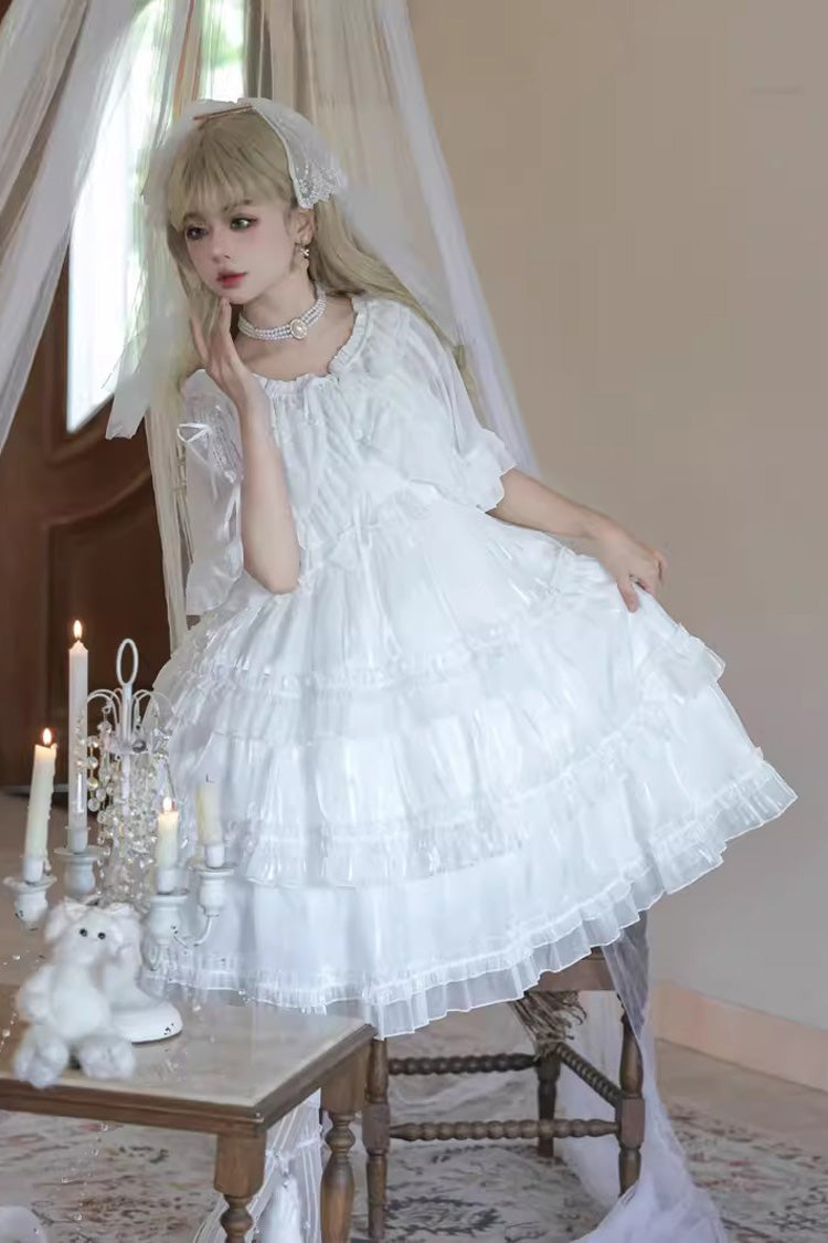 Lolita JSK Dress - Star Gauze Romance Multi-layer, White, Sweet Style, Bow Detail, Ruffled - additional product view 4