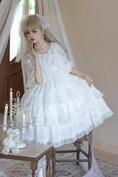 Lolita JSK Dress - Star Gauze Romance Multi-layer, White, Sweet Style, Bow Detail, Ruffled - additional product view 4