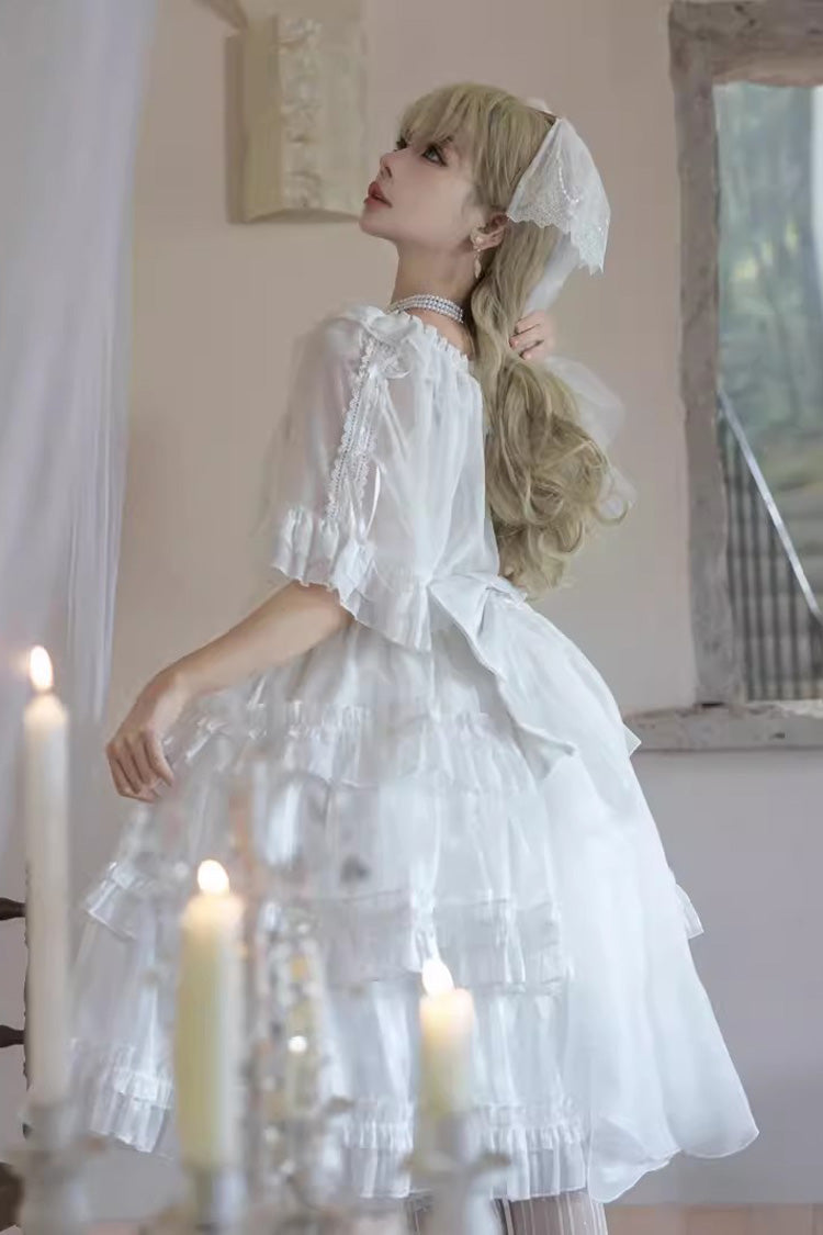Lolita JSK Dress - Star Gauze Romance Multi-layer, White, Sweet Style, Bow Detail, Ruffled - additional product view 5