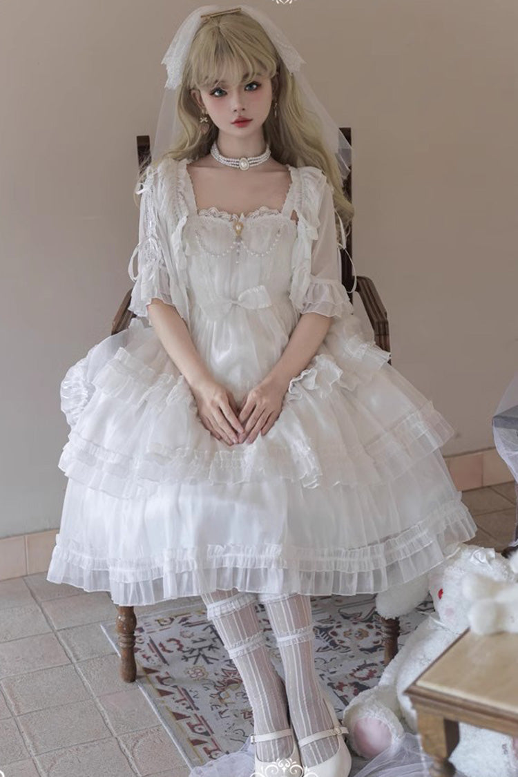 Lolita JSK Dress - Star Gauze Romance Multi-layer, White, Sweet Style, Bow Detail, Ruffled - additional product view 6