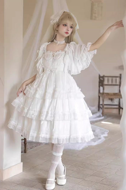 Lolita JSK Dress - Star Gauze Romance Multi-layer, White, Sweet Style, Bow Detail, Ruffled - main product image