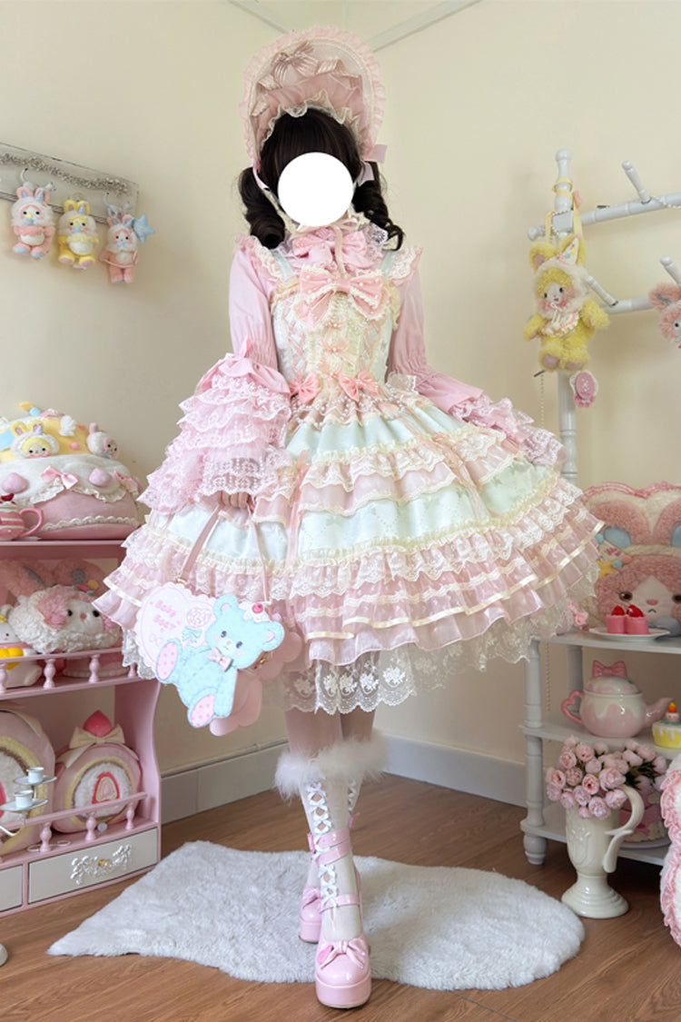 Lolita JSK Dress - Star Love Song, Green, Bow Detail, Lace Trim, Ruffled - additional product view 2