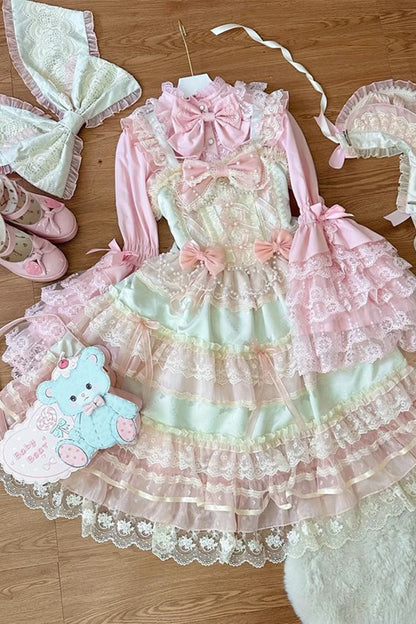 Lolita JSK Dress - Star Love Song, Green, Bow Detail, Lace Trim, Ruffled - additional product view 5