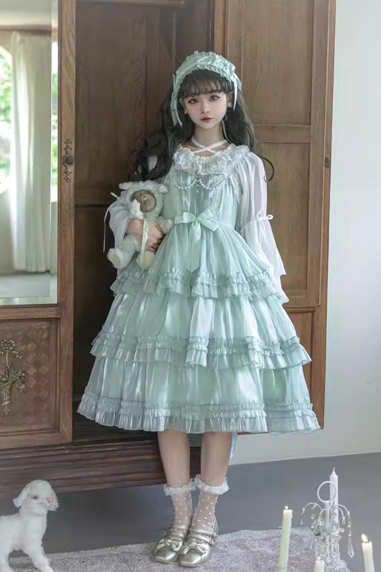 Lolita JSK Dress - Starry Gauze Love Song, Green, Ruffled, Layered, Sweet Style - additional product view 4