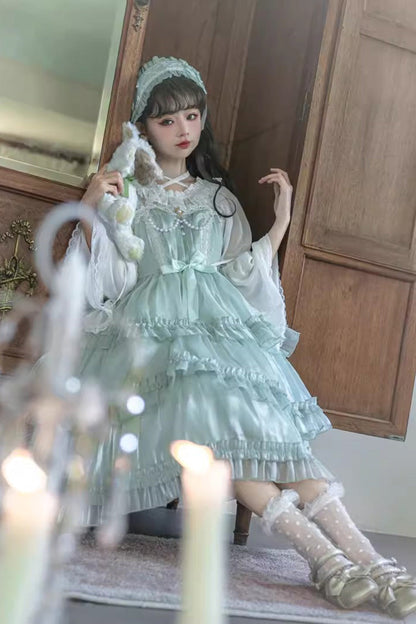 Lolita JSK Dress - Starry Gauze Love Song, Green, Ruffled, Layered, Sweet Style - additional product view 6