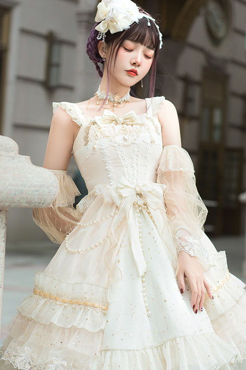 Lolita JSK Dress - Starry Night Square Collar, White, Square Collar, Bow Detail, Ruffled - additional product view 2