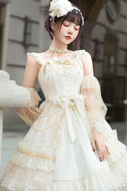 Lolita JSK Dress - Starry Night Square Collar, White, Square Collar, Bow Detail, Ruffled - additional product view 2