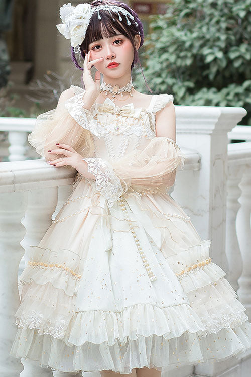 Lolita JSK Dress - Starry Night Square Collar, White, Square Collar, Bow Detail, Ruffled - additional product view 3